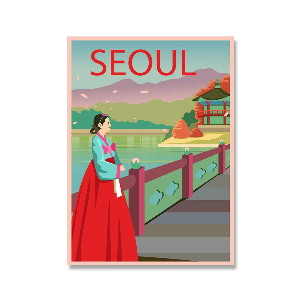 Seoul City South Korea Tour Travel Landscape Canvas Painting Nordic Wall Pictures Poster and Print Cartoon LivingRoom Home Decor