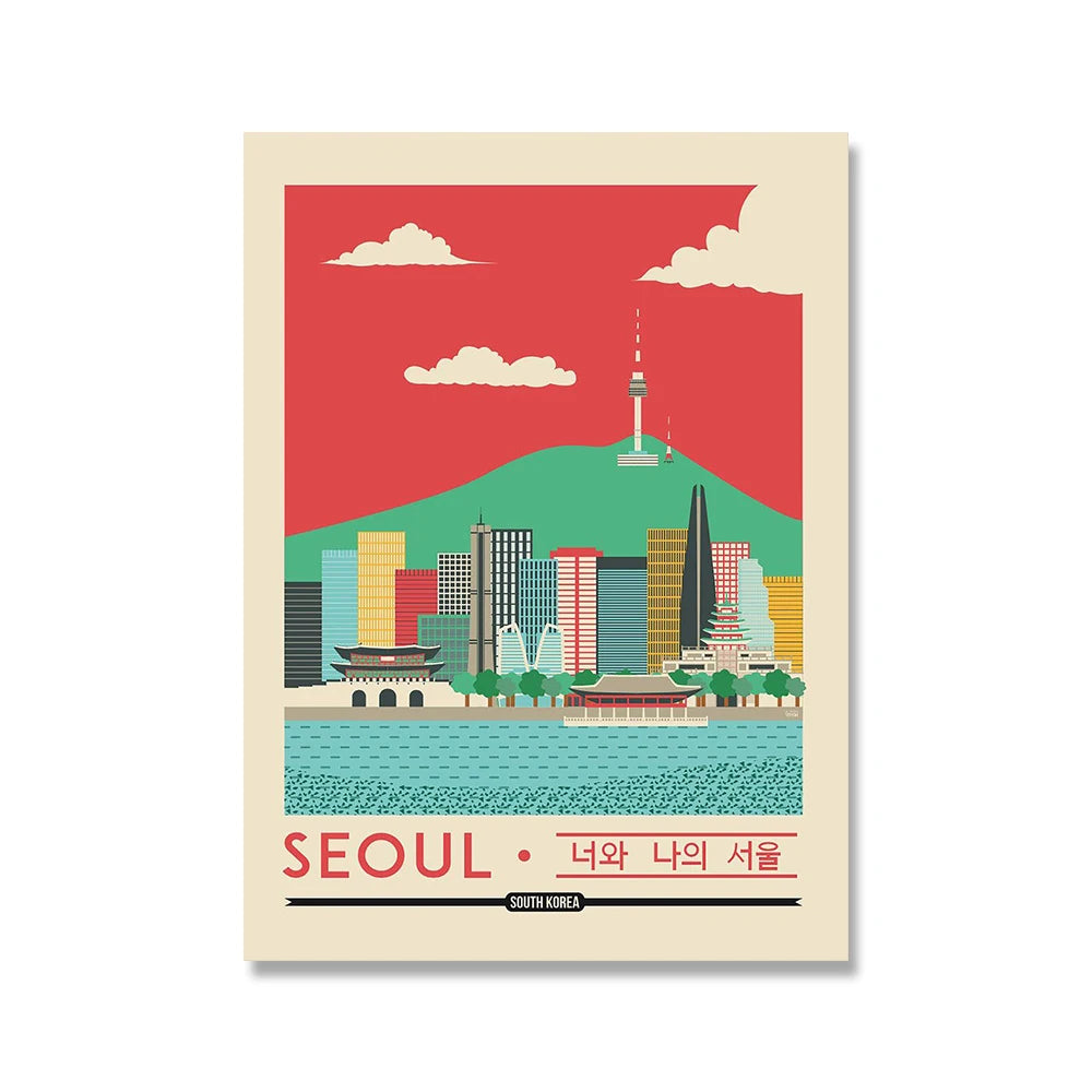 Seoul City South Korea Tour Travel Landscape Canvas Painting Nordic Wall Pictures Poster and Print Cartoon LivingRoom Home Decor