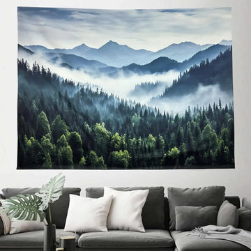Misty Mountain Forest Tapestry Foggy Tree Tapestry Nature Scenery Landscape Wall Tapestries Aesthetic for Bedroom Living Room