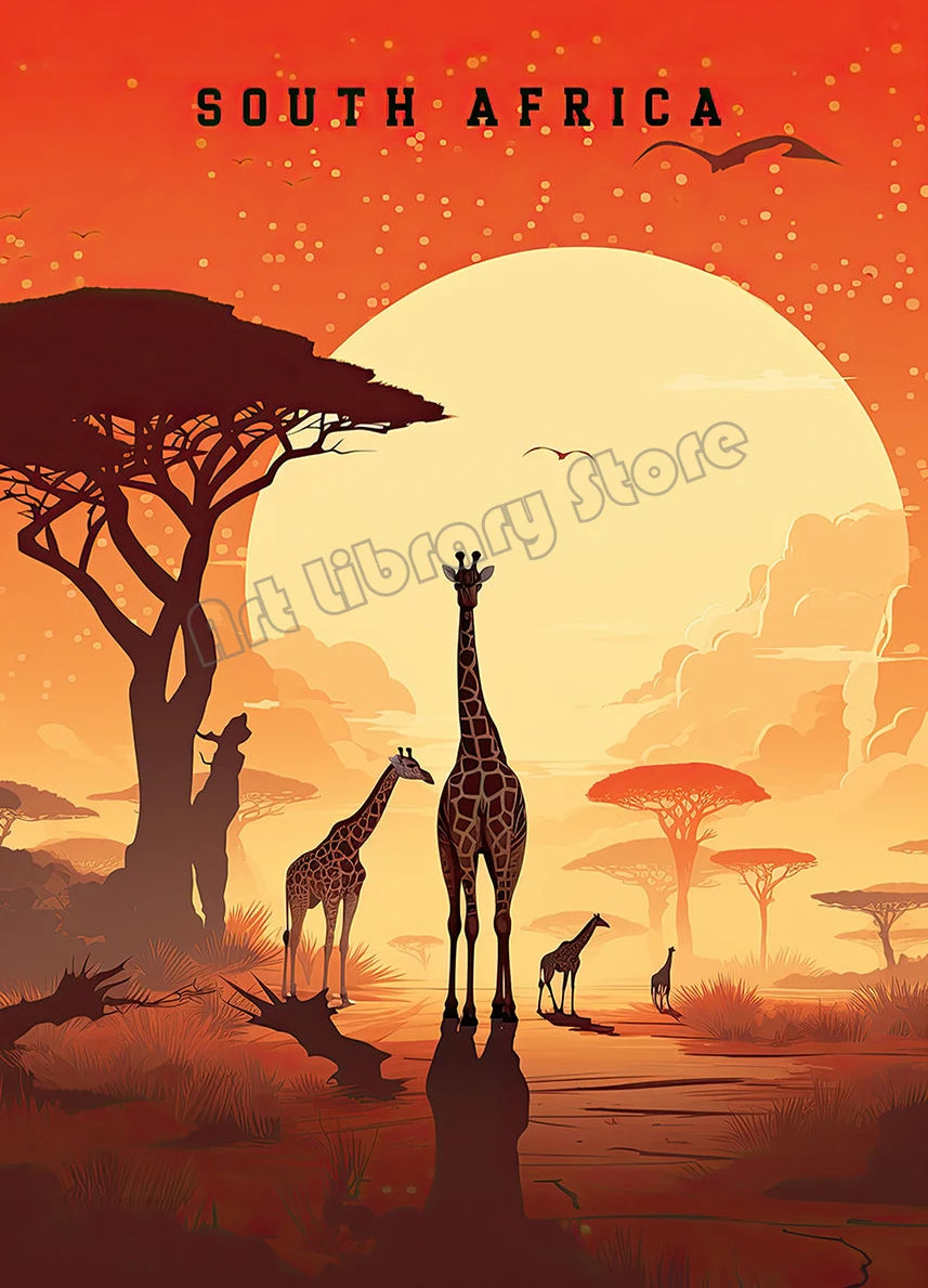 Retro Abstract African Kruger National Park Safari Wildlife Travel Giraffe Poster Canvas Painting Wall Art Pictures Home Decor