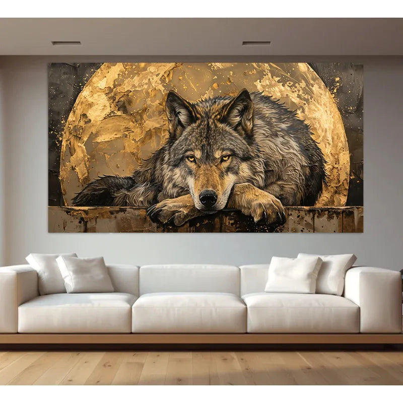 Luxury Style Wolf with Moon Background Abstract Wild Animals Poster Canvas Painting Nordic Wall Art Pictures Home Bedroom Decor