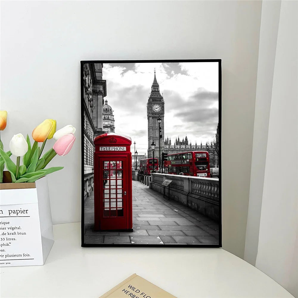 retro red car black and white paris london Poster Self-adhesive Art Waterproof Paper Sticker Coffee House Bar Room Wall Decor