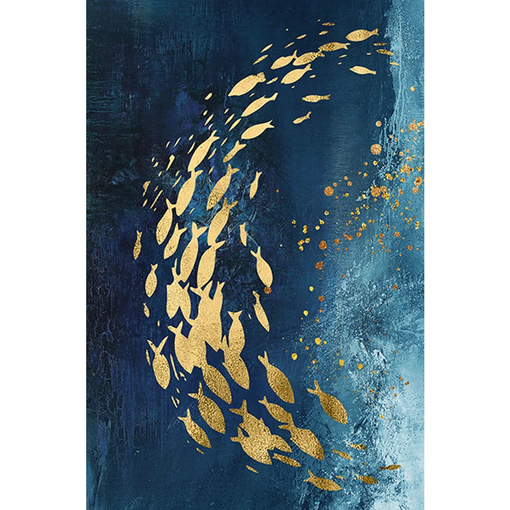 Abstract Gold Fish Blue Canvas Painting Posters and Prints Wall Art Aisle Luxurious Picture Cuadros for Living Room Home Decor