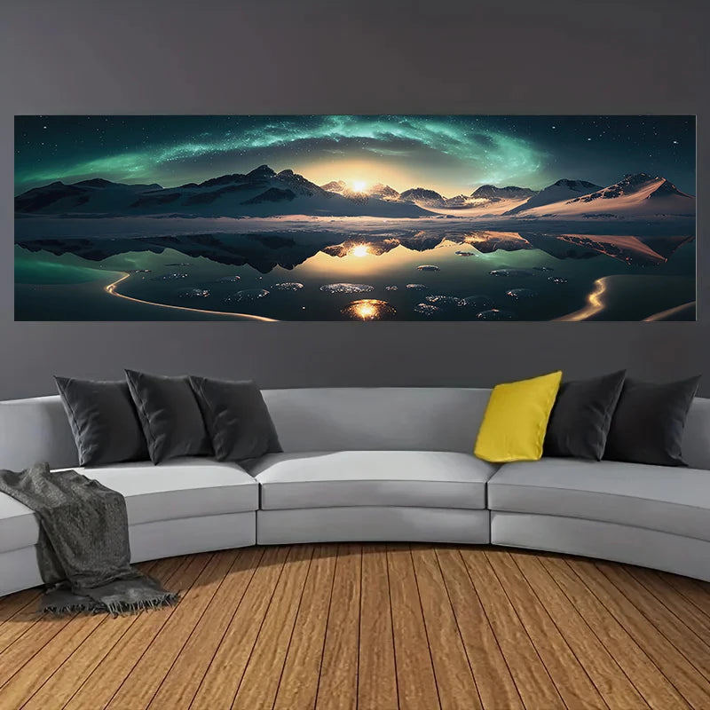 1pcs Frameless Canvas Poster, Modern Art, Starry Sky, Sun, Snowy Mountains and River, Ideal Gift for Bedroom, Wall Decoration