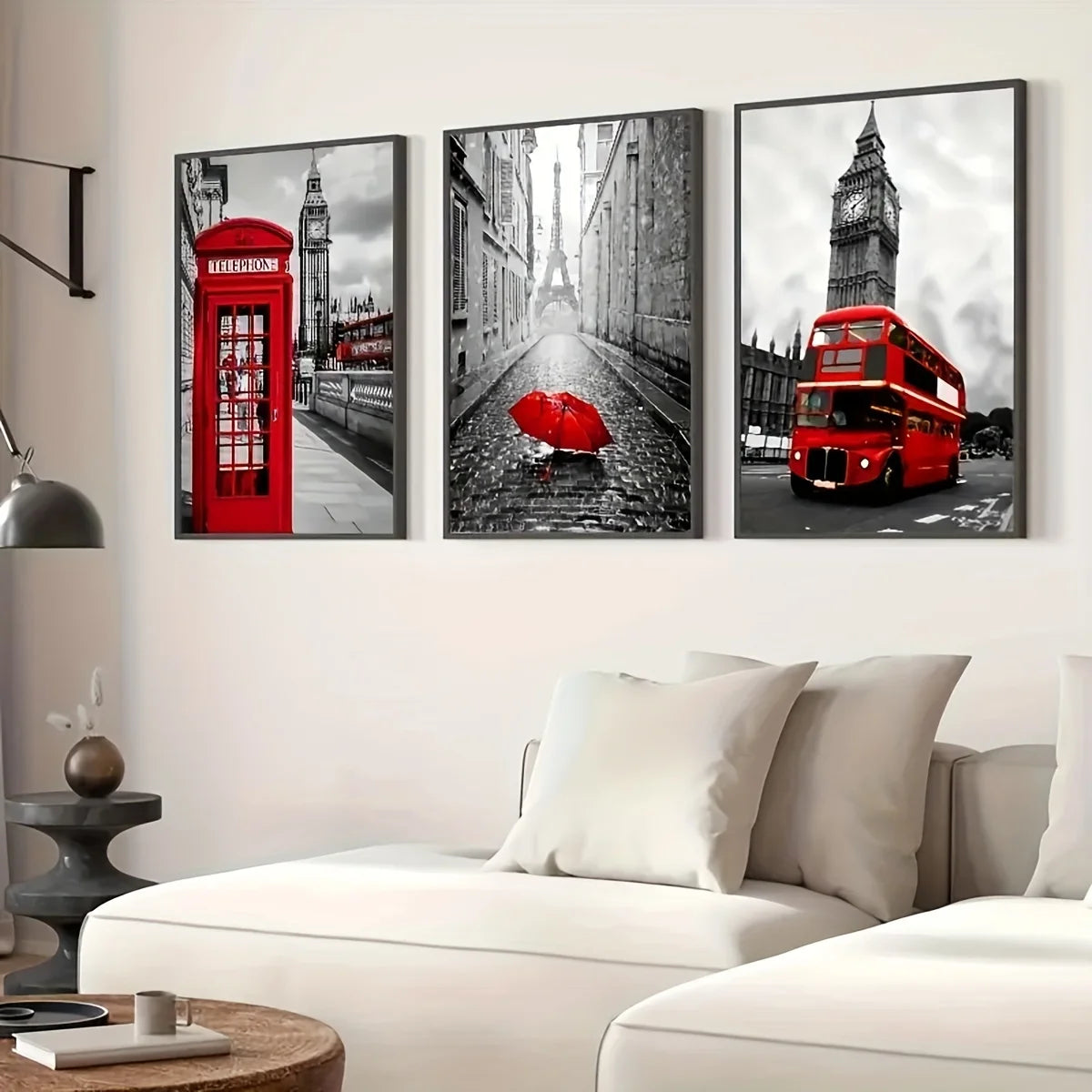 3pcs black and white cityscape paris london eiffel tower canvas street view red bus phone booth poster and prints wall art, mode