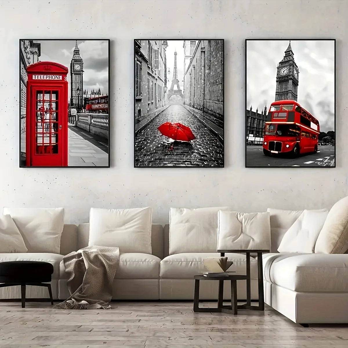 3pcs black and white cityscape paris london eiffel tower canvas street view red bus phone booth poster and prints wall art, mode