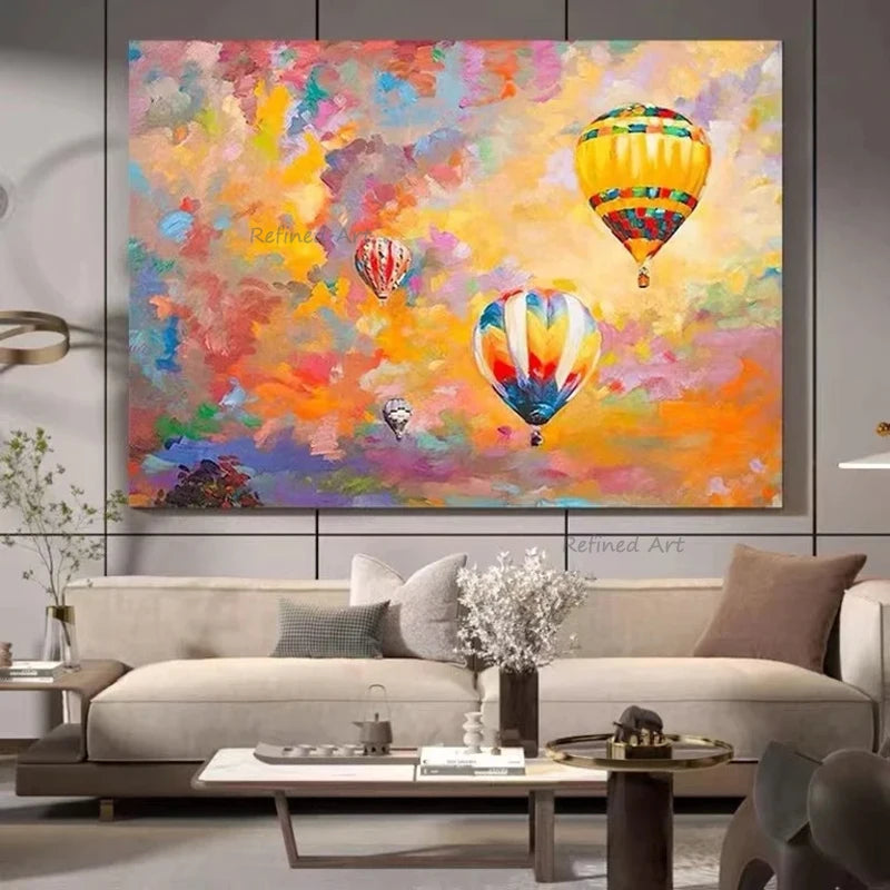 Hand-Painted Canvas Oil Paintings Hot Air Balloon Abstract Painting Dreamy Color Sky Wall Art Modern for Living Room Home Decor