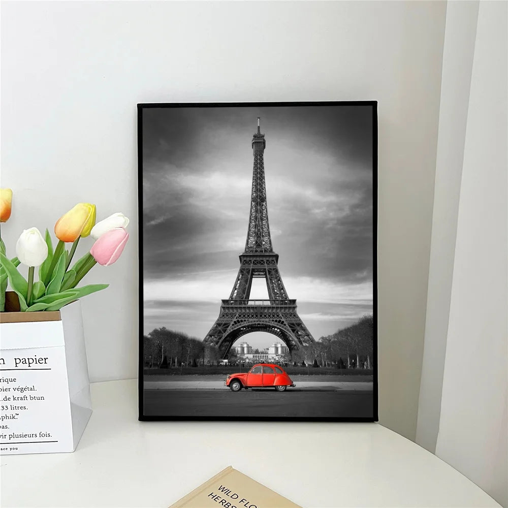 retro red car black and white paris london Poster Self-adhesive Art Waterproof Paper Sticker Coffee House Bar Room Wall Decor