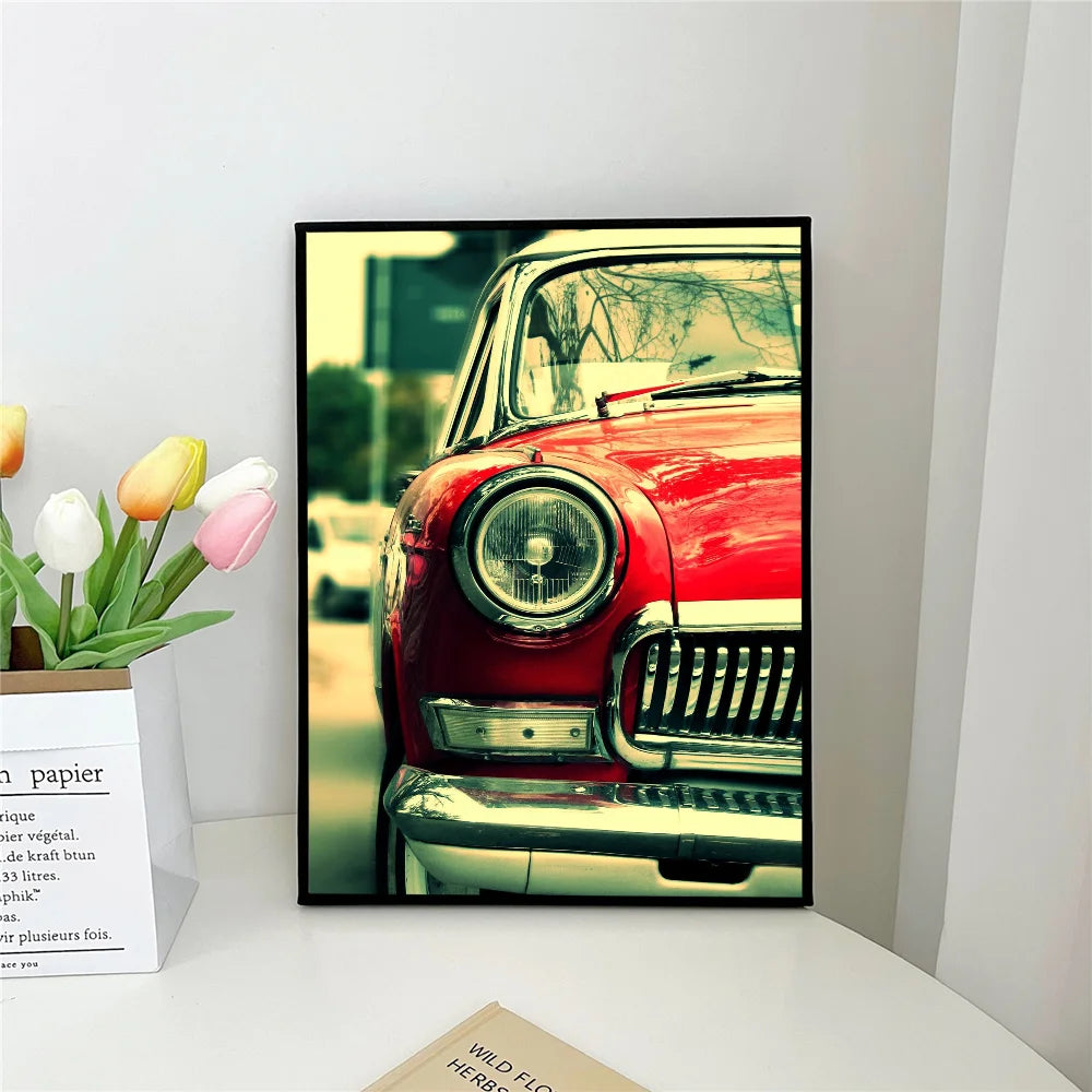 retro red car black and white paris london Poster Self-adhesive Art Waterproof Paper Sticker Coffee House Bar Room Wall Decor