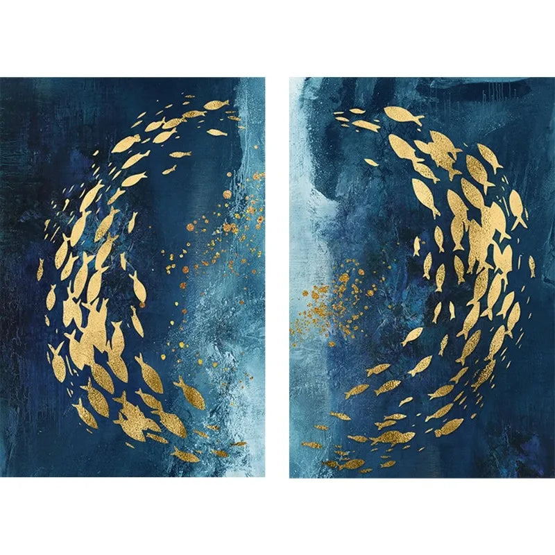 Abstract Gold Fish Blue Canvas Painting Posters and Prints Wall Art Aisle Luxurious Picture Cuadros for Living Room Home Decor