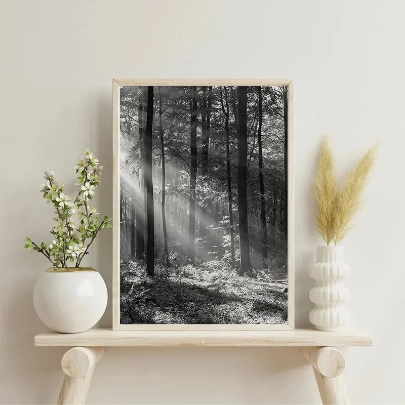 Black White Foggy Pine Tree Forest Mountains Posters Canvas Painting Wall Art Landscape Pictures for Room Home Decor
