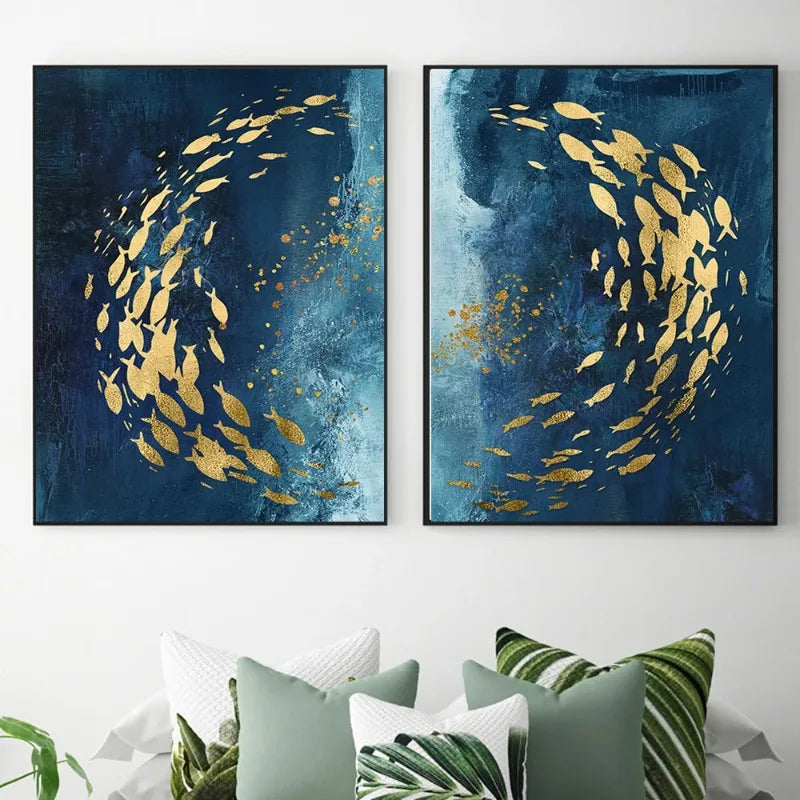 Abstract Gold Fish Blue Canvas Painting Posters and Prints Wall Art Aisle Luxurious Picture Cuadros for Living Room Home Decor