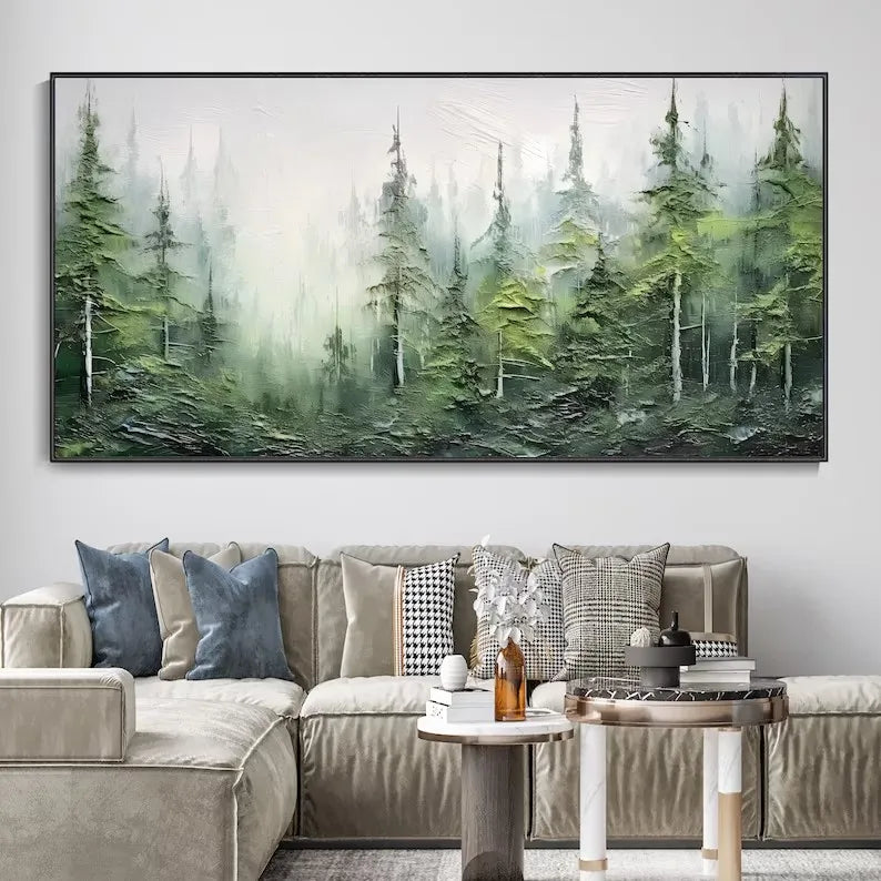 Abstract Foggy Mountain Landscape Beautiful Green Forest Nature Scenery Poster Canvas Painting Wall Art Pictures Home Decor