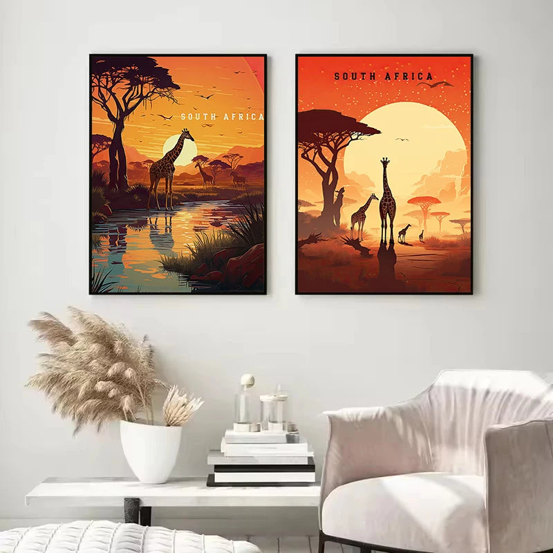 Retro Abstract African Kruger National Park Safari Wildlife Travel Giraffe Poster Canvas Painting Wall Art Pictures Home Decor
