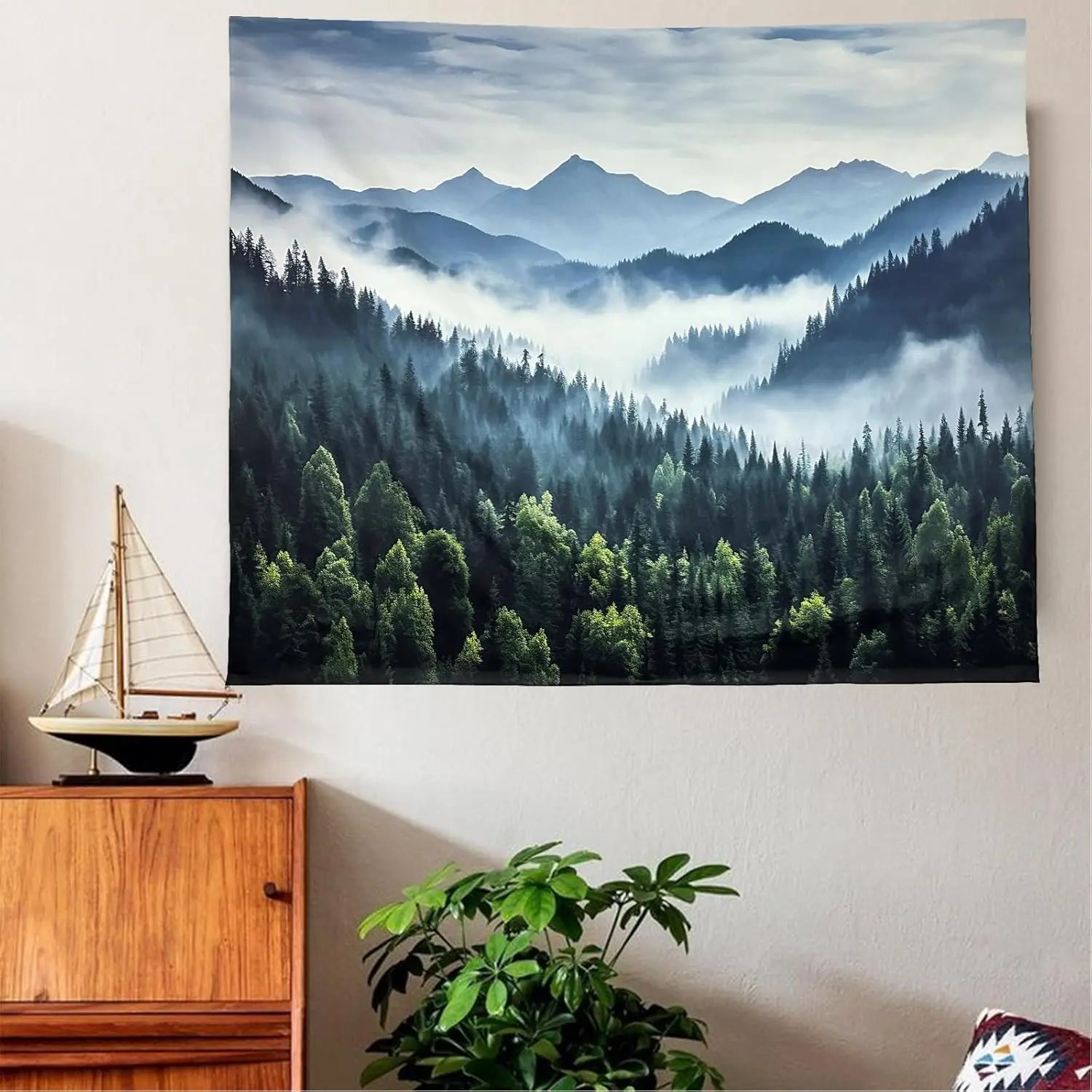 Misty Mountain Forest Tapestry Foggy Tree Tapestry Nature Scenery Landscape Wall Tapestries Aesthetic for Bedroom Living Room