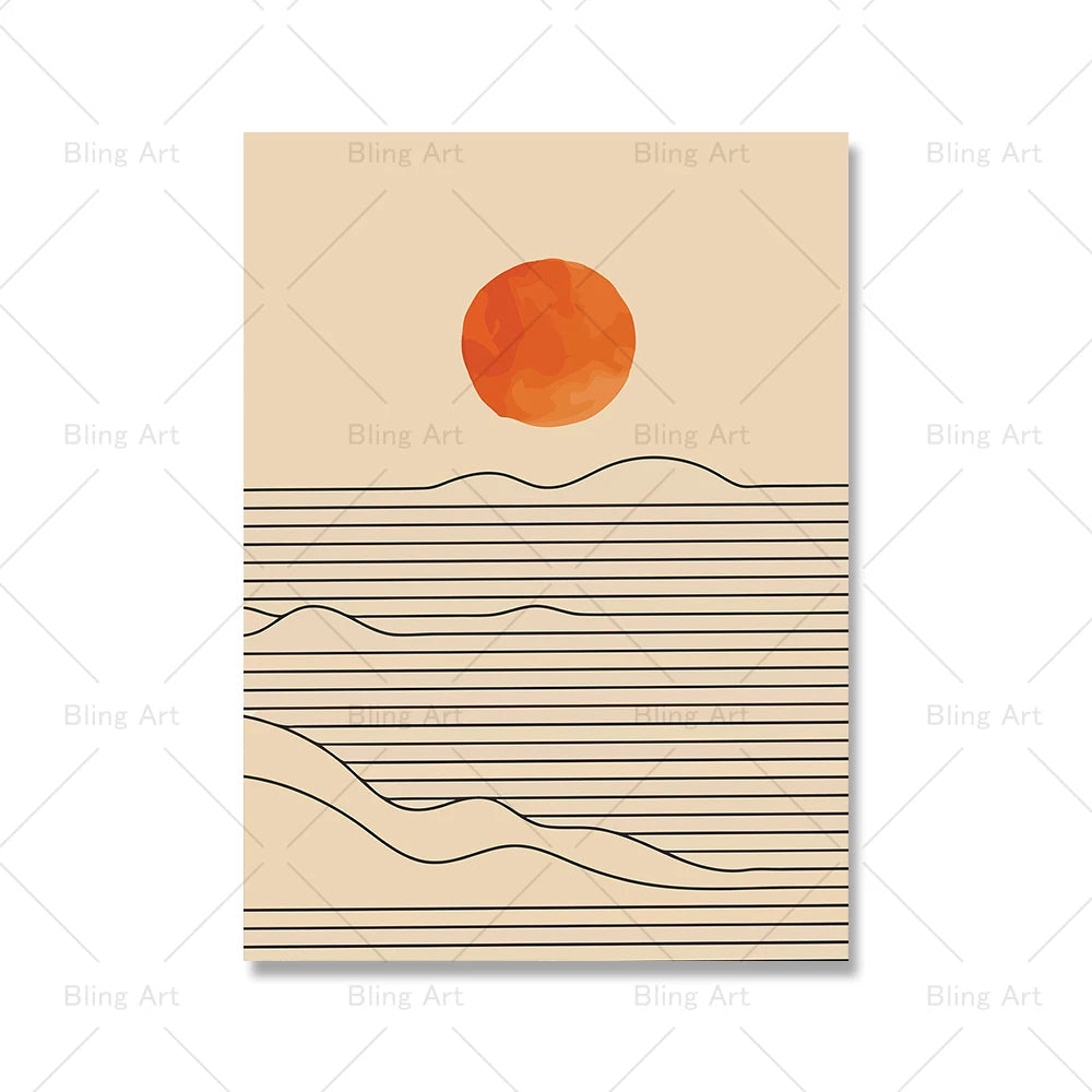 Burnt Orange Sunset Sea Wave Line Canvas Painting Boho Sunrise Posters And Prints Wall Art Pictures For Living Room Home Decor