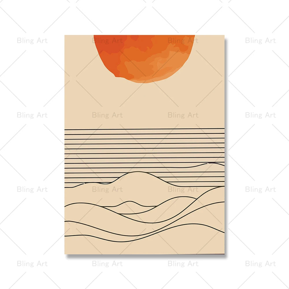 Burnt Orange Sunset Sea Wave Line Canvas Painting Boho Sunrise Posters And Prints Wall Art Pictures For Living Room Home Decor