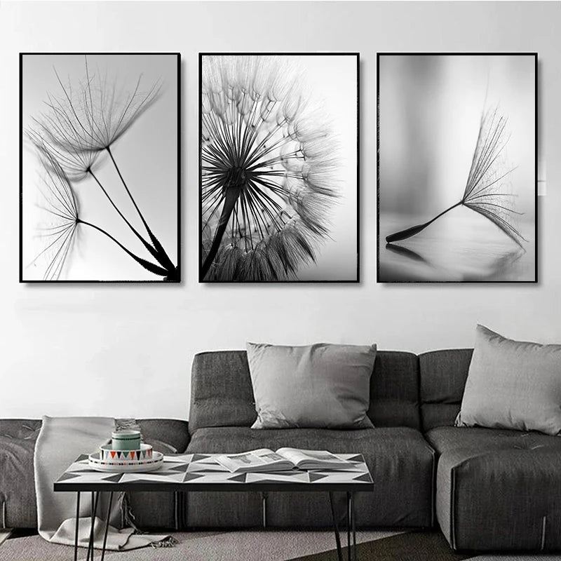 Black and White Wall Art Canvas Painting Dandelion Flower Pictures Poster and Prints Home Decorative Artworks for Kitchen Decor