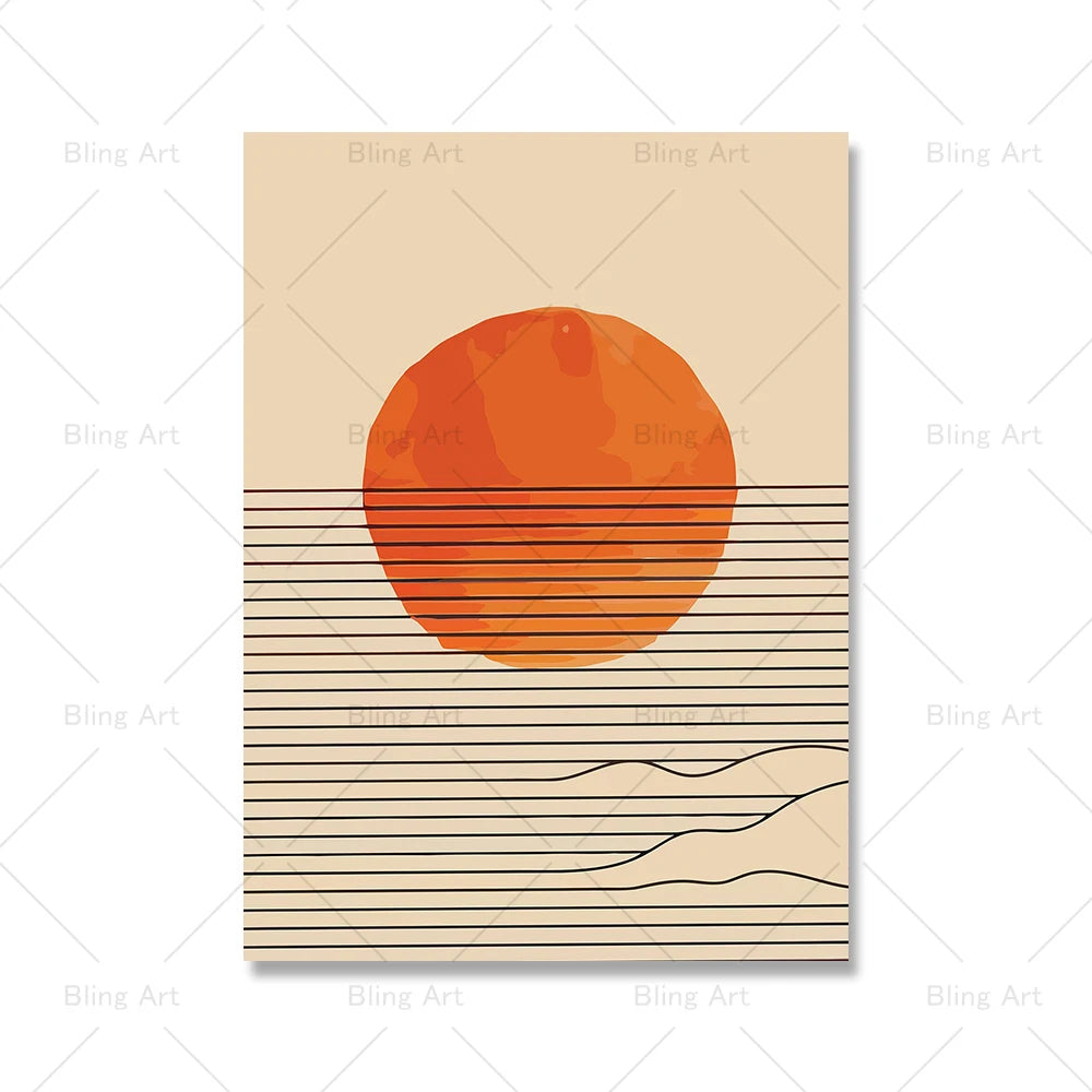 Burnt Orange Sunset Sea Wave Line Canvas Painting Boho Sunrise Posters And Prints Wall Art Pictures For Living Room Home Decor