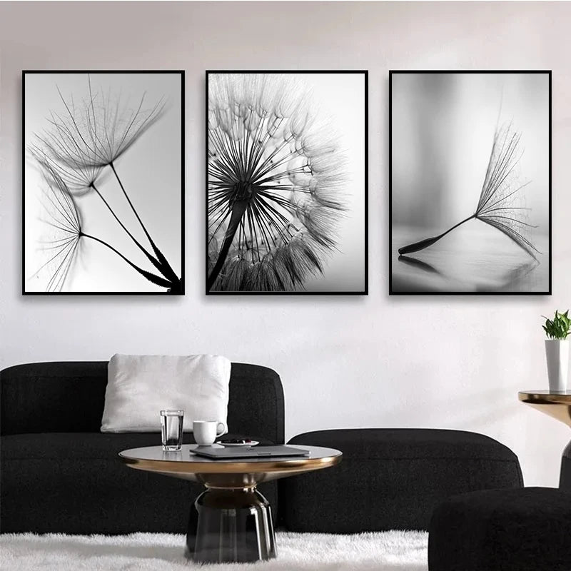 Black and White Wall Art Canvas Painting Dandelion Flower Pictures Poster and Prints Home Decorative Artworks for Kitchen Decor
