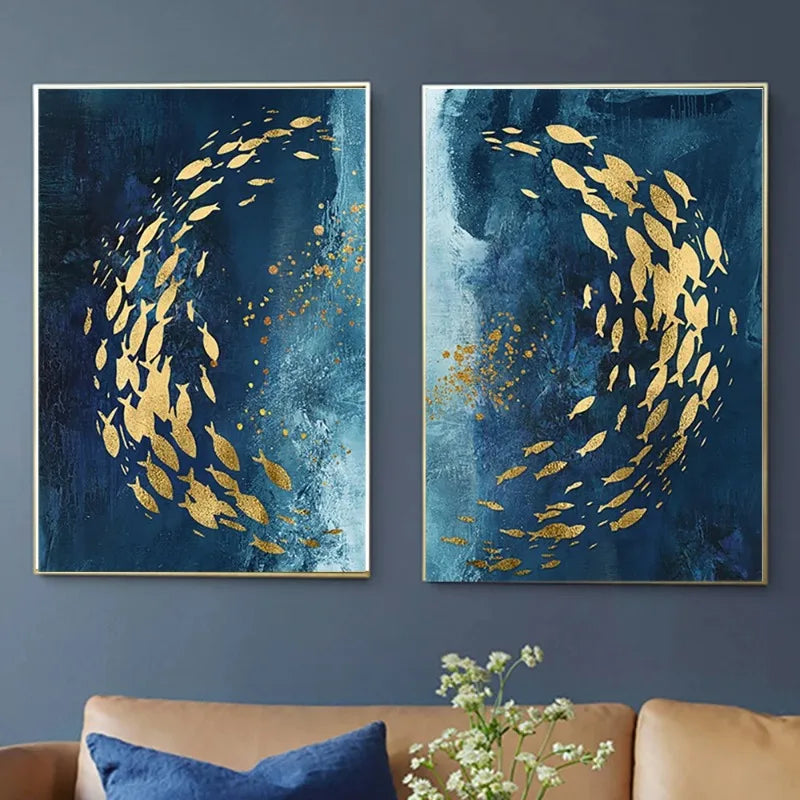 Abstract Gold Fish Blue Canvas Painting Posters and Prints Wall Art Aisle Luxurious Picture Cuadros for Living Room Home Decor