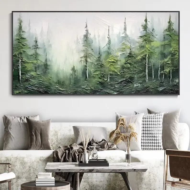 Abstract Foggy Mountain Landscape Beautiful Green Forest Nature Scenery Poster Canvas Painting Wall Art Pictures Home Decor