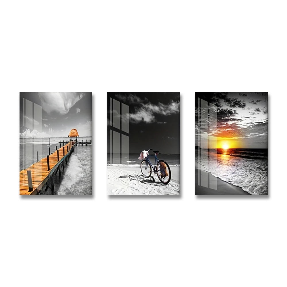 3PCS Frameless Canvas Beach Sunrise Paintings Prints Black White Landscape Pictures Modern Pictures for Bedroom Living Room Home