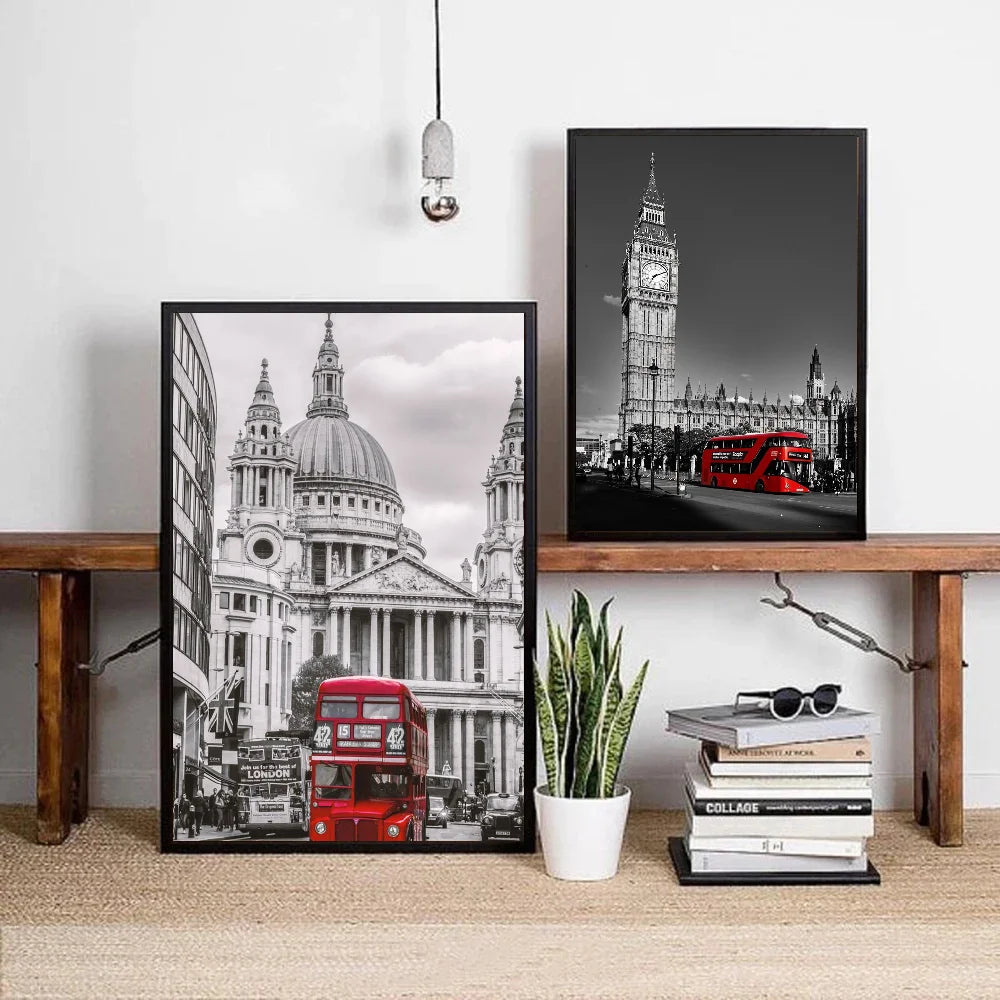 retro red car black and white paris london Poster Self-adhesive Art Waterproof Paper Sticker Coffee House Bar Room Wall Decor