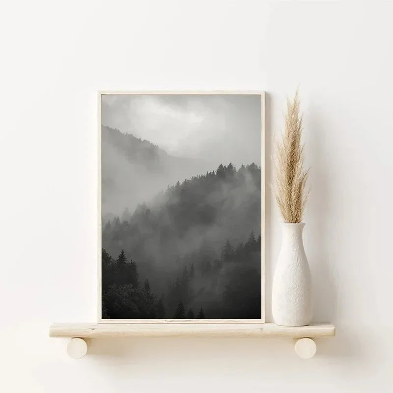 Black White Foggy Pine Tree Forest Mountains Posters Canvas Painting Wall Art Landscape Pictures for Room Home Decor