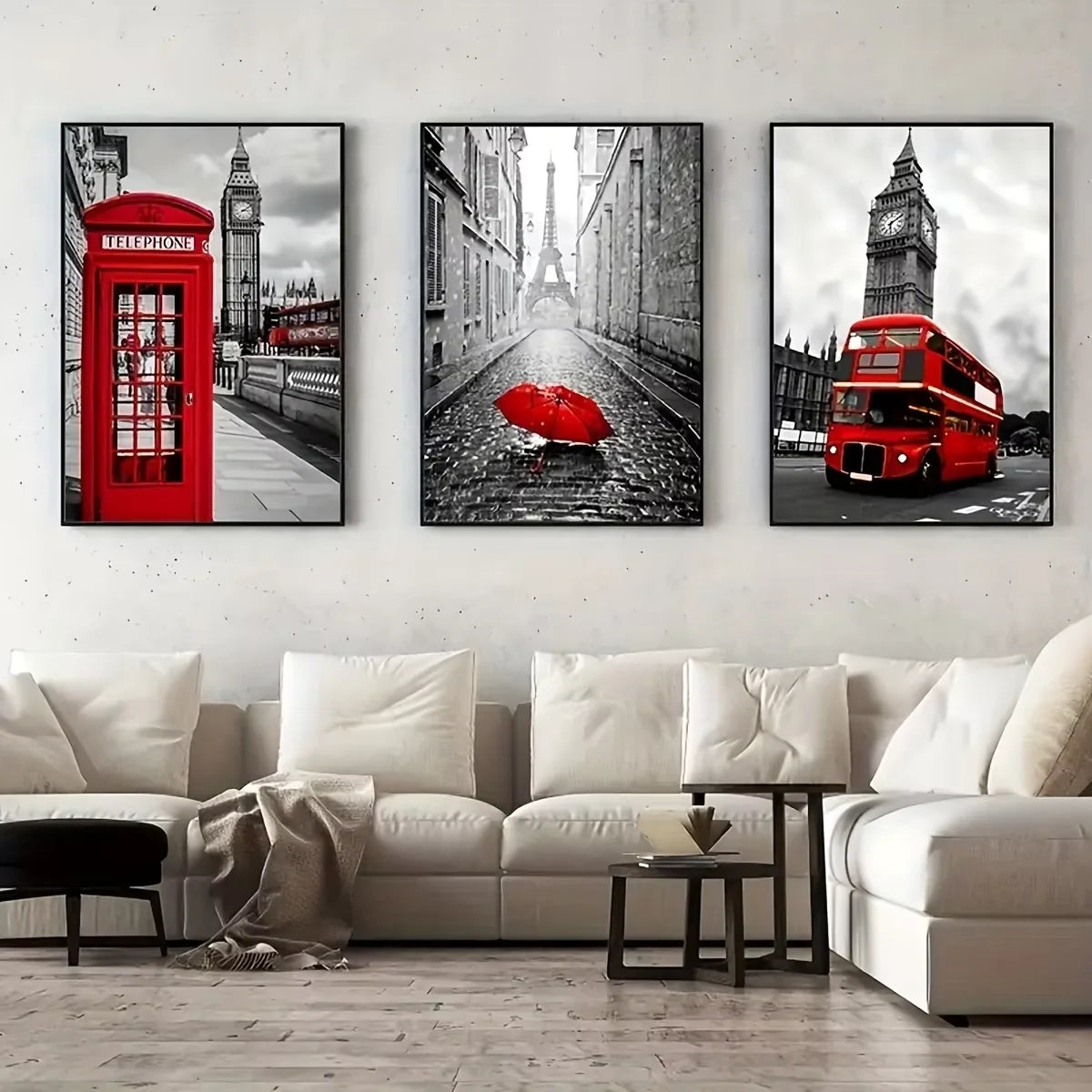 3pcs black and white cityscape paris london eiffel tower canvas street view red bus phone booth poster and prints wall art, mode
