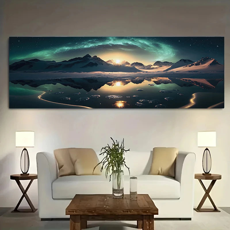 1pcs Frameless Canvas Poster, Modern Art, Starry Sky, Sun, Snowy Mountains and River, Ideal Gift for Bedroom, Wall Decoration