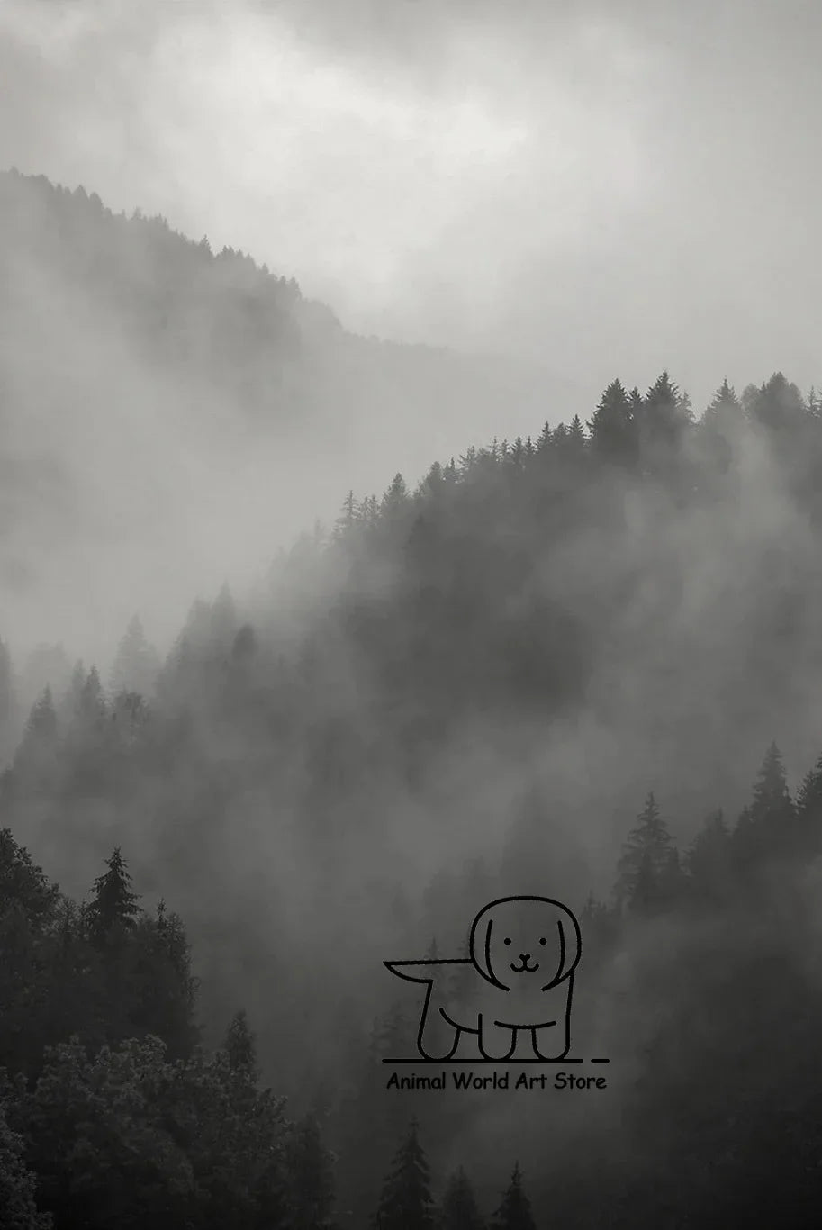 Black White Foggy Pine Tree Forest Mountains Posters Canvas Painting Wall Art Landscape Pictures for Room Home Decor