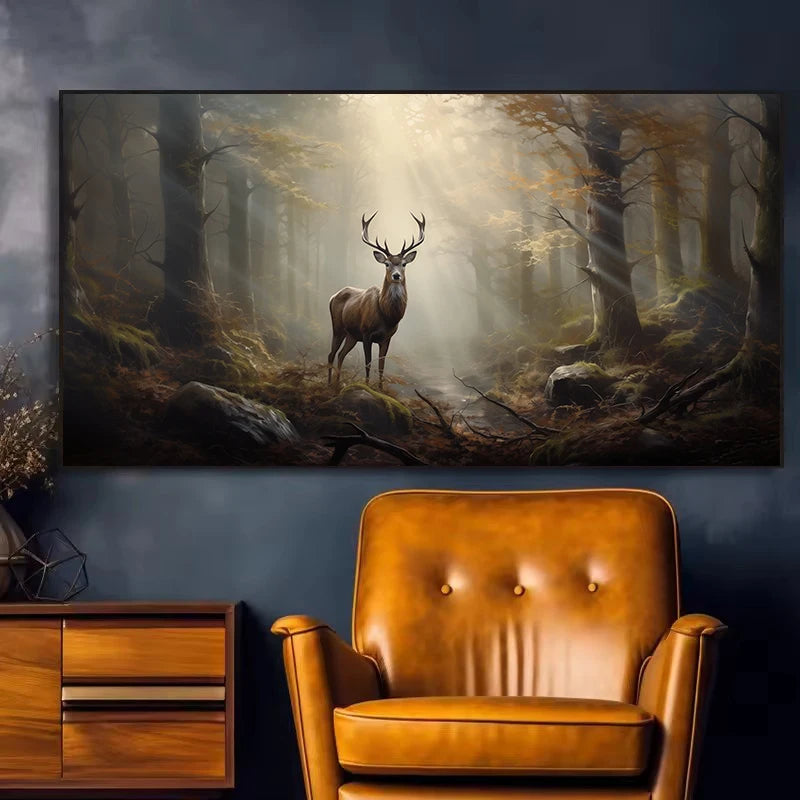 Vintage Deer in Mystical Foggy Forest Wild Animals Nature Landscape Poster Canvas Painting Wall Art Pictures Home Bedroom Decor