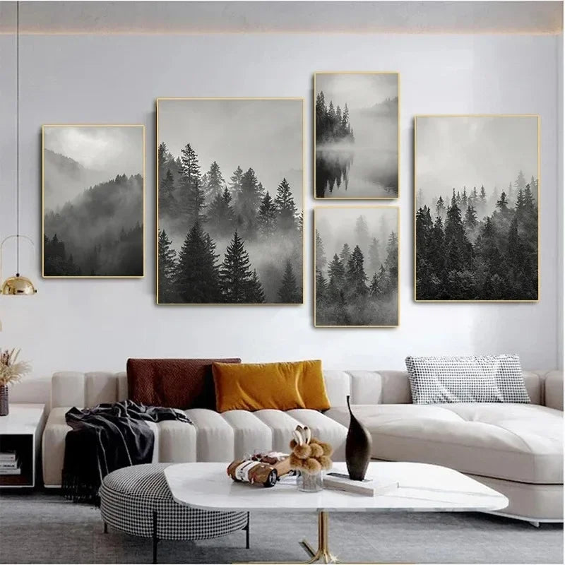 Black White Foggy Pine Tree Forest Mountains Posters Canvas Painting Wall Art Landscape Pictures for Room Home Decor