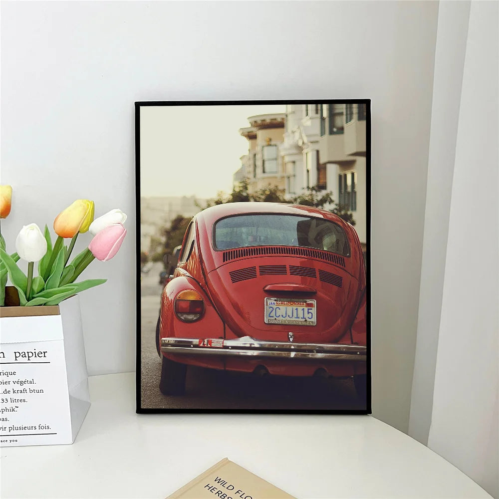 retro red car black and white paris london Poster Self-adhesive Art Waterproof Paper Sticker Coffee House Bar Room Wall Decor