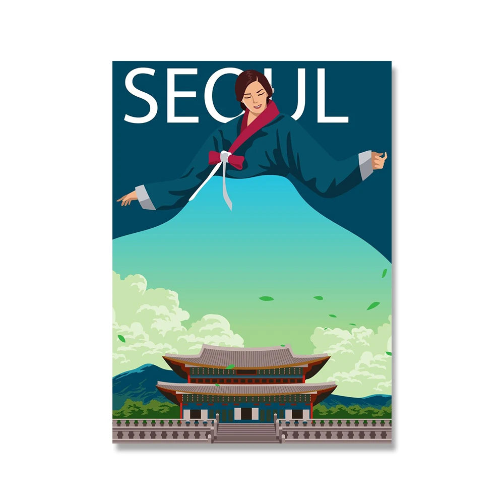 Seoul City South Korea Tour Travel Landscape Canvas Painting Nordic Wall Pictures Poster and Print Cartoon LivingRoom Home Decor