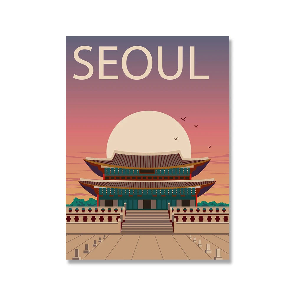 Seoul City South Korea Tour Travel Landscape Canvas Painting Nordic Wall Pictures Poster and Print Cartoon LivingRoom Home Decor