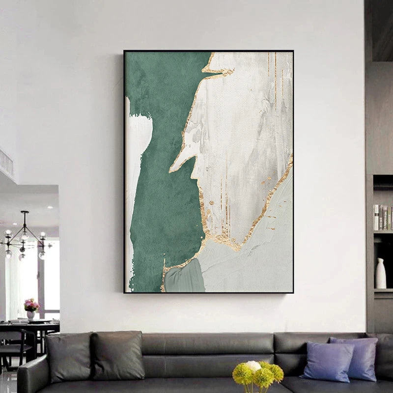 Modern Abstract Canvas Painting Gold Foil Flow Green Brown for Living Room Posters and Prints Wall Pictures Decor Cuadros
