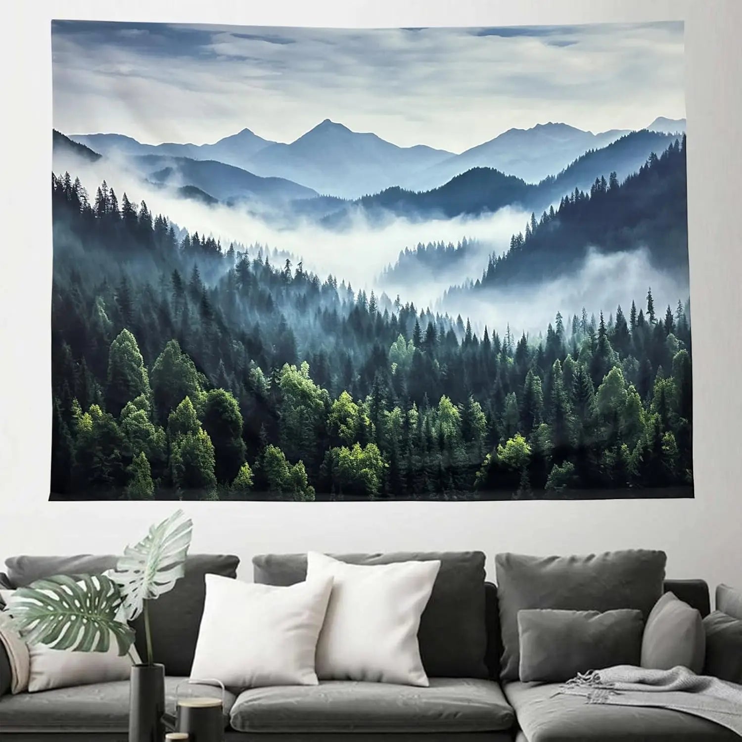 Misty Mountain Forest Tapestry Foggy Tree Tapestry Nature Scenery Landscape Wall Tapestries Aesthetic for Bedroom Living Room