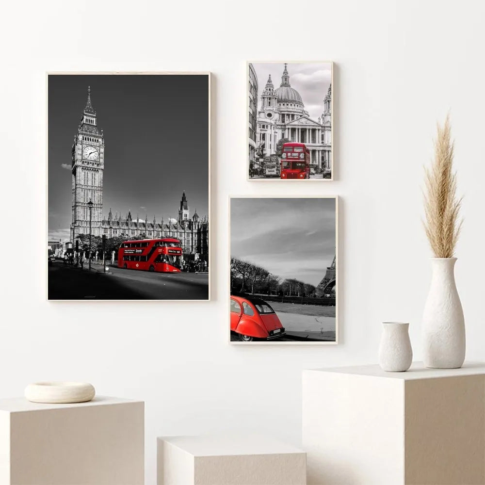retro red car black and white paris london Poster Self-adhesive Art Waterproof Paper Sticker Coffee House Bar Room Wall Decor