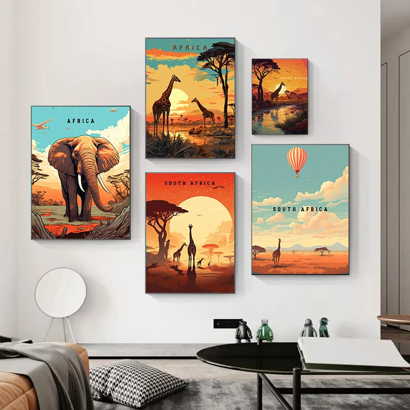Retro Abstract African Kruger National Park Safari Wildlife Travel Giraffe Poster Canvas Painting Wall Art Pictures Home Decor