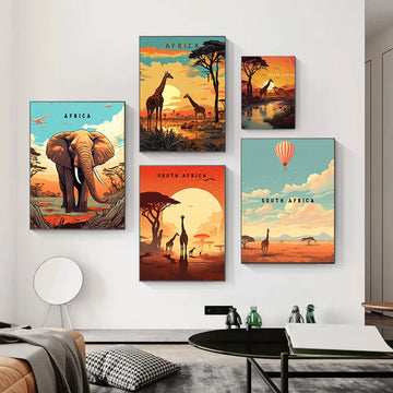 Retro Abstract African Kruger National Park Safari Wildlife Travel Giraffe Poster Canvas Painting Wall Art Pictures Home Decor
