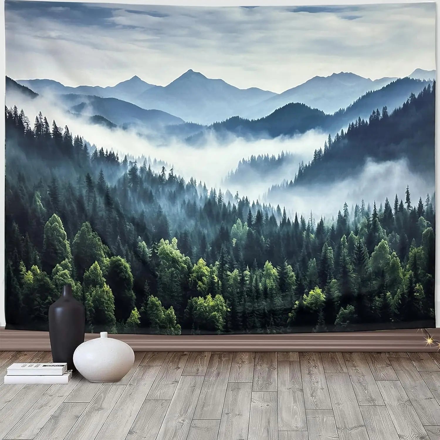 Misty Mountain Forest Tapestry Foggy Tree Tapestry Nature Scenery Landscape Wall Tapestries Aesthetic for Bedroom Living Room