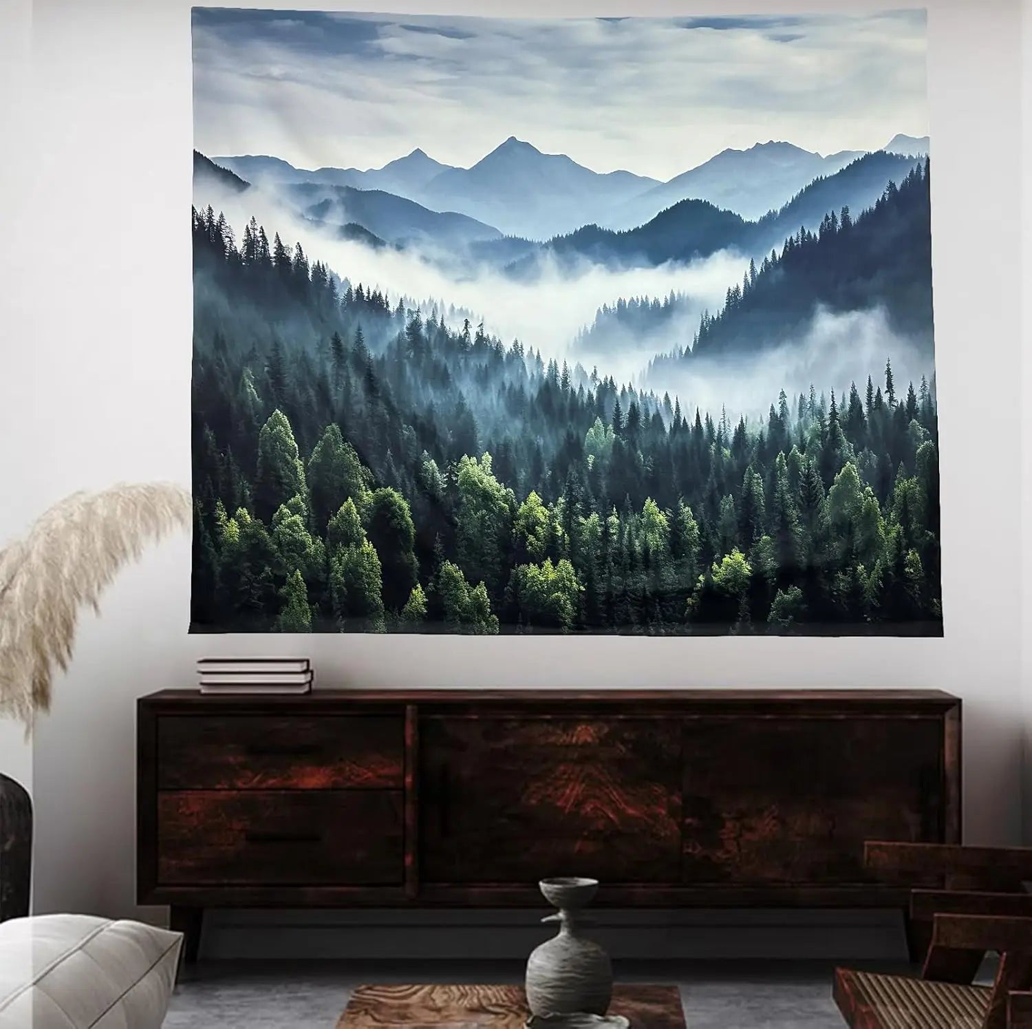Misty Mountain Forest Tapestry Foggy Tree Tapestry Nature Scenery Landscape Wall Tapestries Aesthetic for Bedroom Living Room