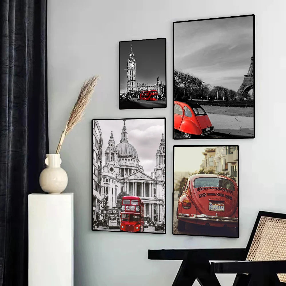 retro red car black and white paris london Poster Self-adhesive Art Waterproof Paper Sticker Coffee House Bar Room Wall Decor
