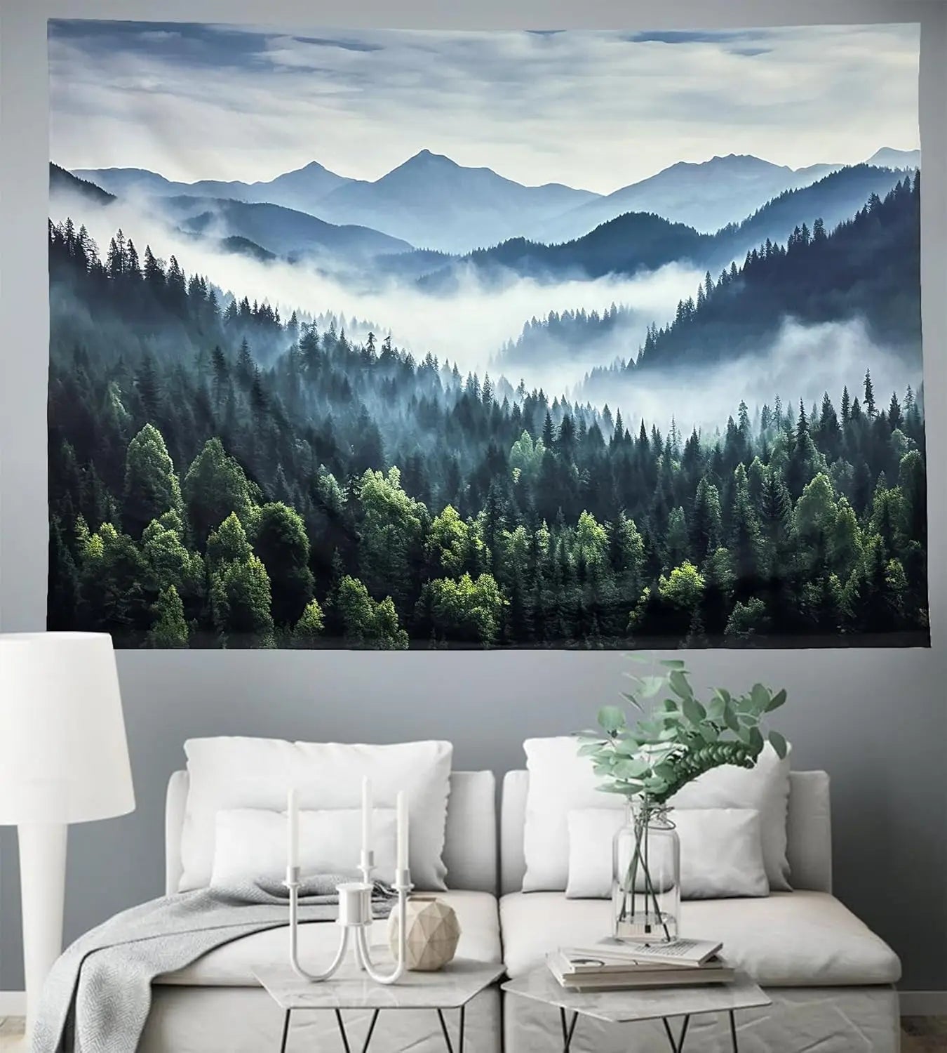 Misty Mountain Forest Tapestry Foggy Tree Tapestry Nature Scenery Landscape Wall Tapestries Aesthetic for Bedroom Living Room