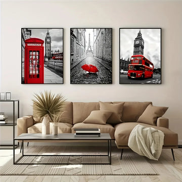 3pcs black and white cityscape paris london eiffel tower canvas street view red bus phone booth poster and prints wall art, mode