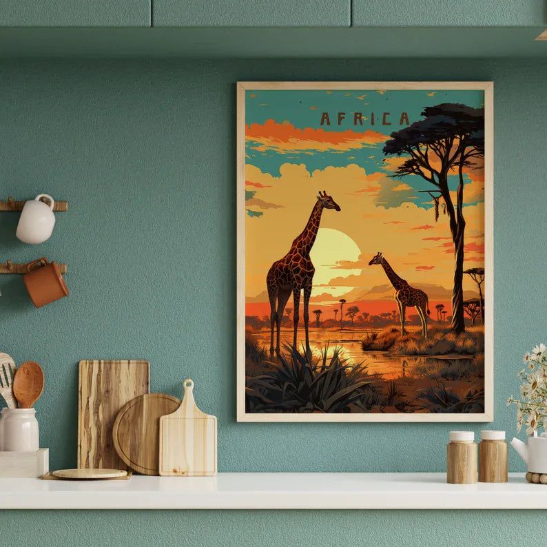 Retro Abstract African Kruger National Park Safari Wildlife Travel Giraffe Poster Canvas Painting Wall Art Pictures Home Decor