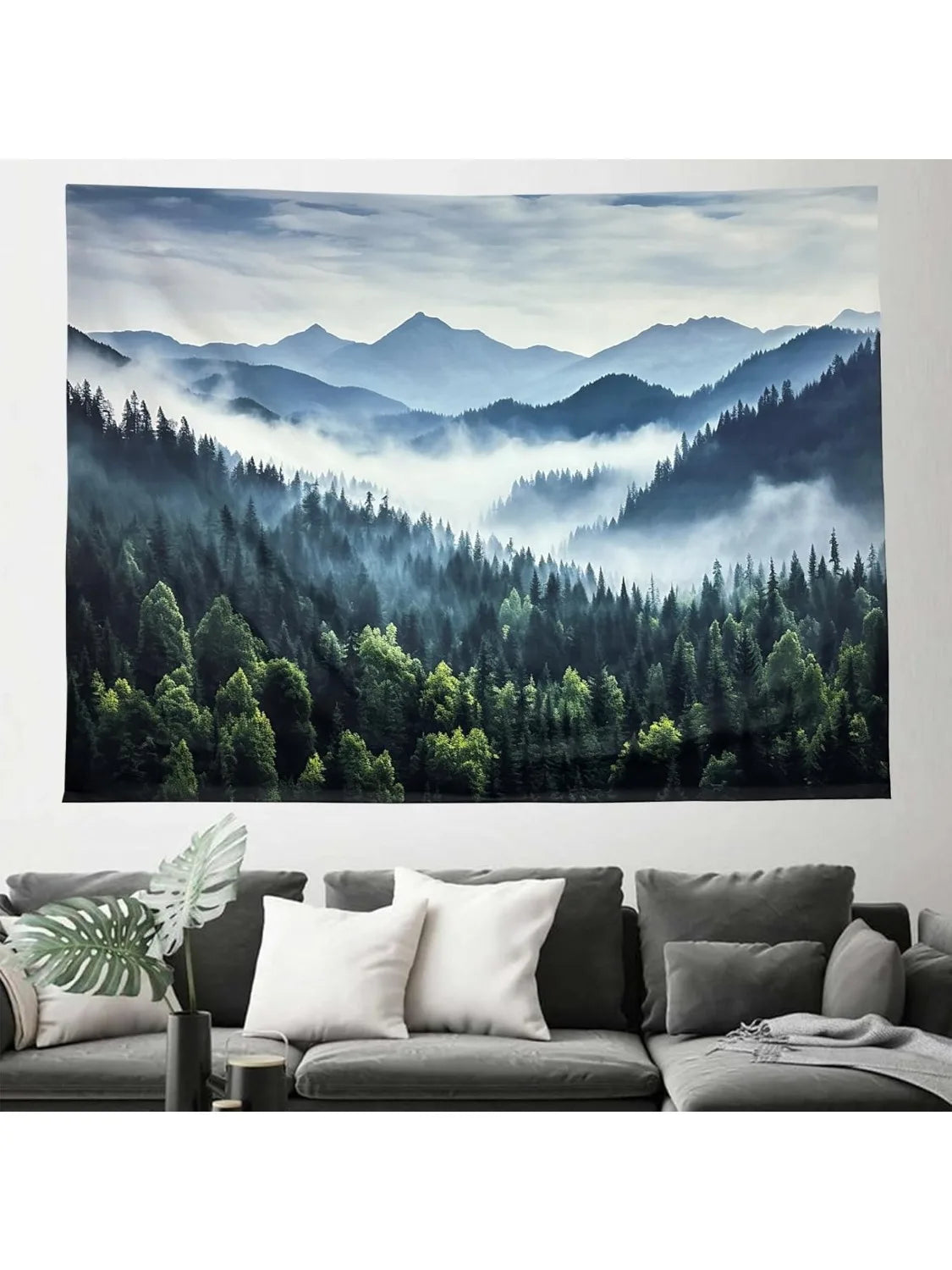 Misty Mountain Forest Tapestry Foggy Tree Tapestry Nature Scenery Landscape Wall Tapestries Aesthetic for Bedroom Living Room