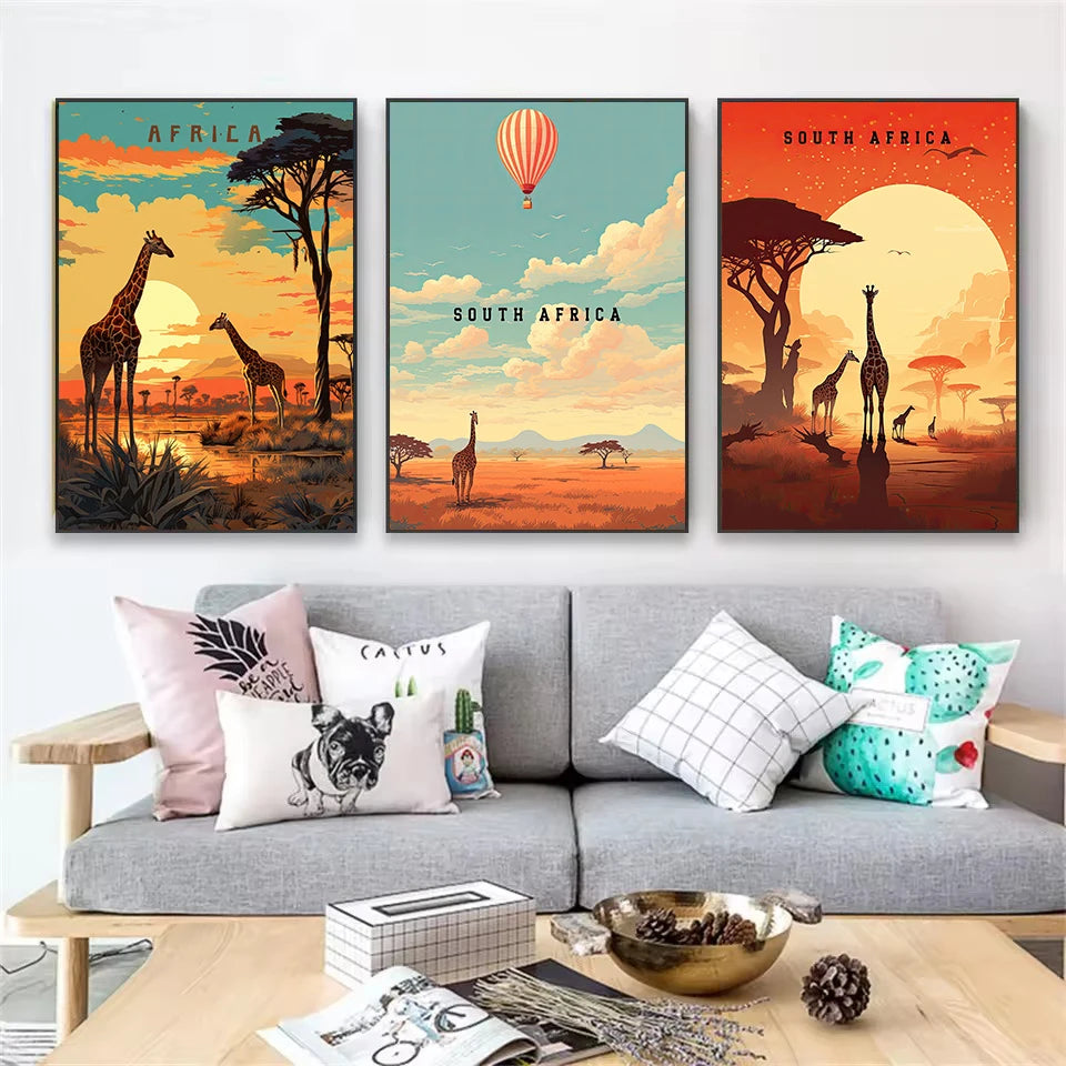 Retro Abstract African Kruger National Park Safari Wildlife Travel Giraffe Poster Canvas Painting Wall Art Pictures Home Decor